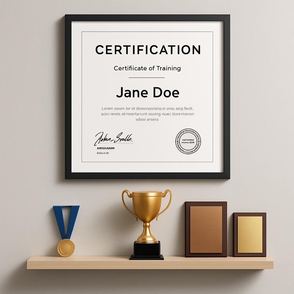 A framed certificate of training displayed above a shelf holding a gold medal, copper trophy, and brown plaque.