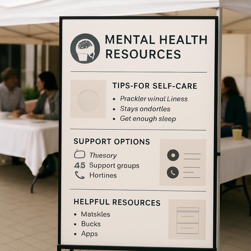 Mental health resources sign, featuring tips for self-care, support options, and helpful resources.