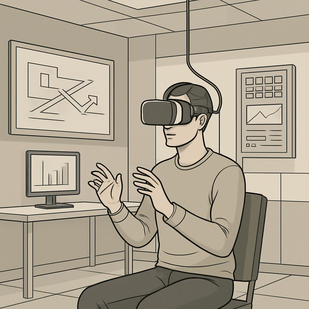 Person sitting in a chair wearing a VR headset with computer monitor and panel in background.