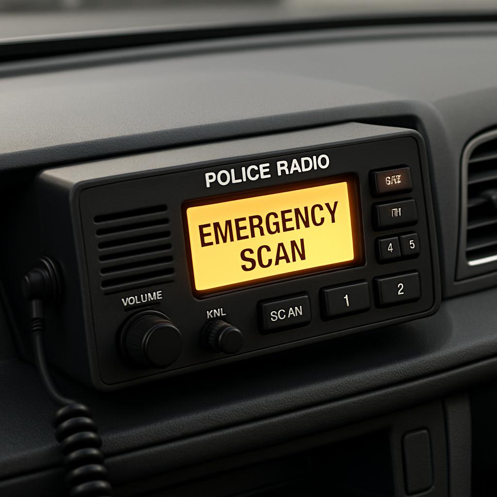 An image of a police radio receiver with an emergency message displayed, possibly to convey urgency.