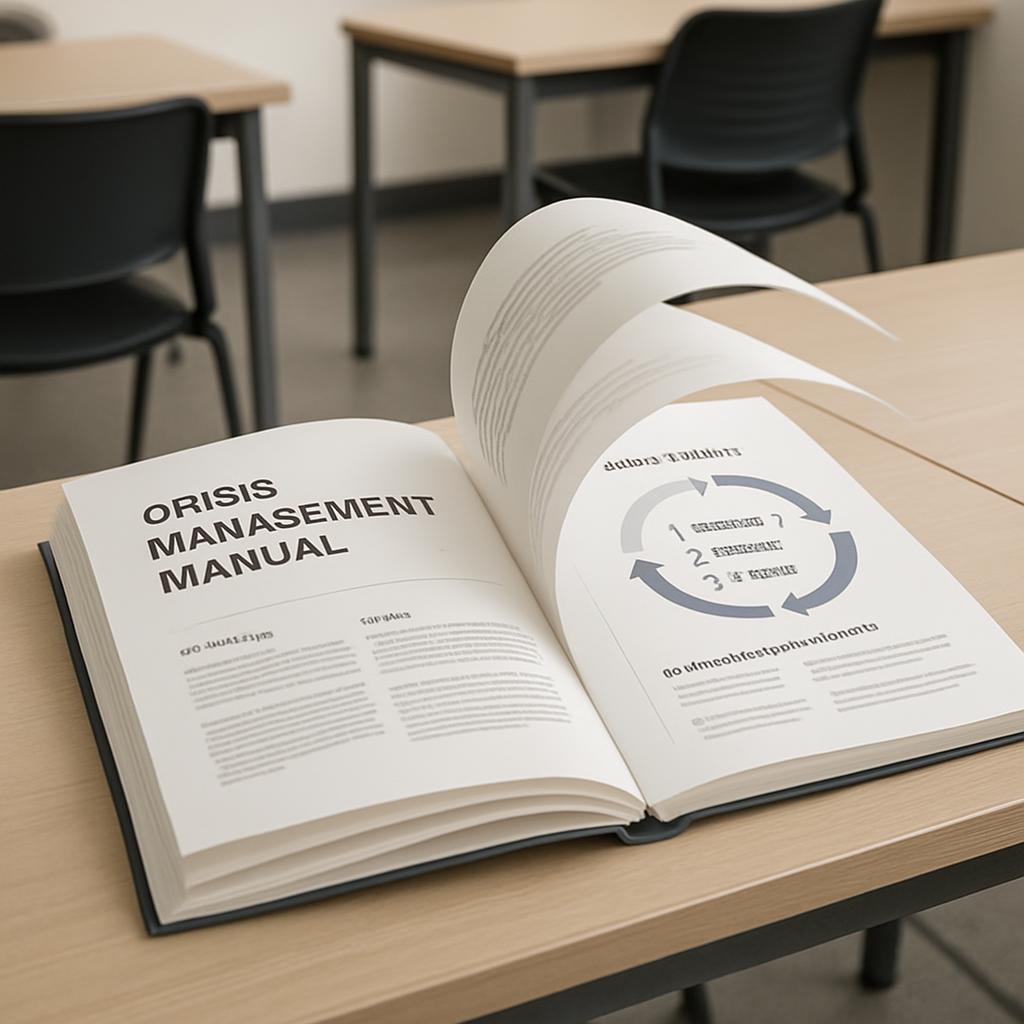Open book titled "crisis management manual" on disposal table, with open page and text reading what appear to be instructi...